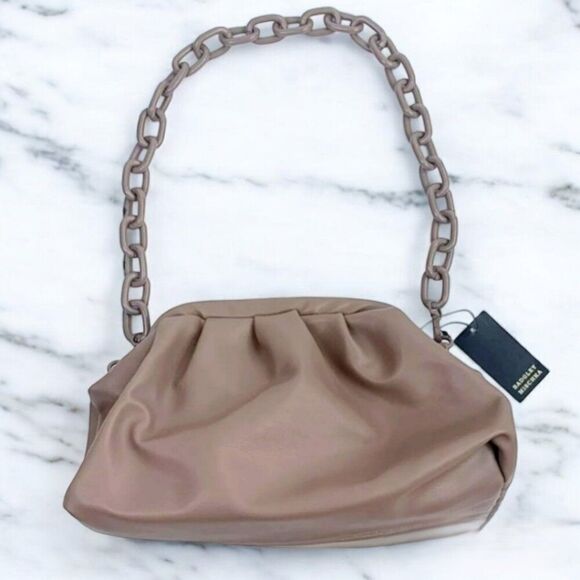 NWT Badgley Mischka Wrapped Frame Clutch Taupe Chain Shoulder Bag Vegan - Picture 3 of 7